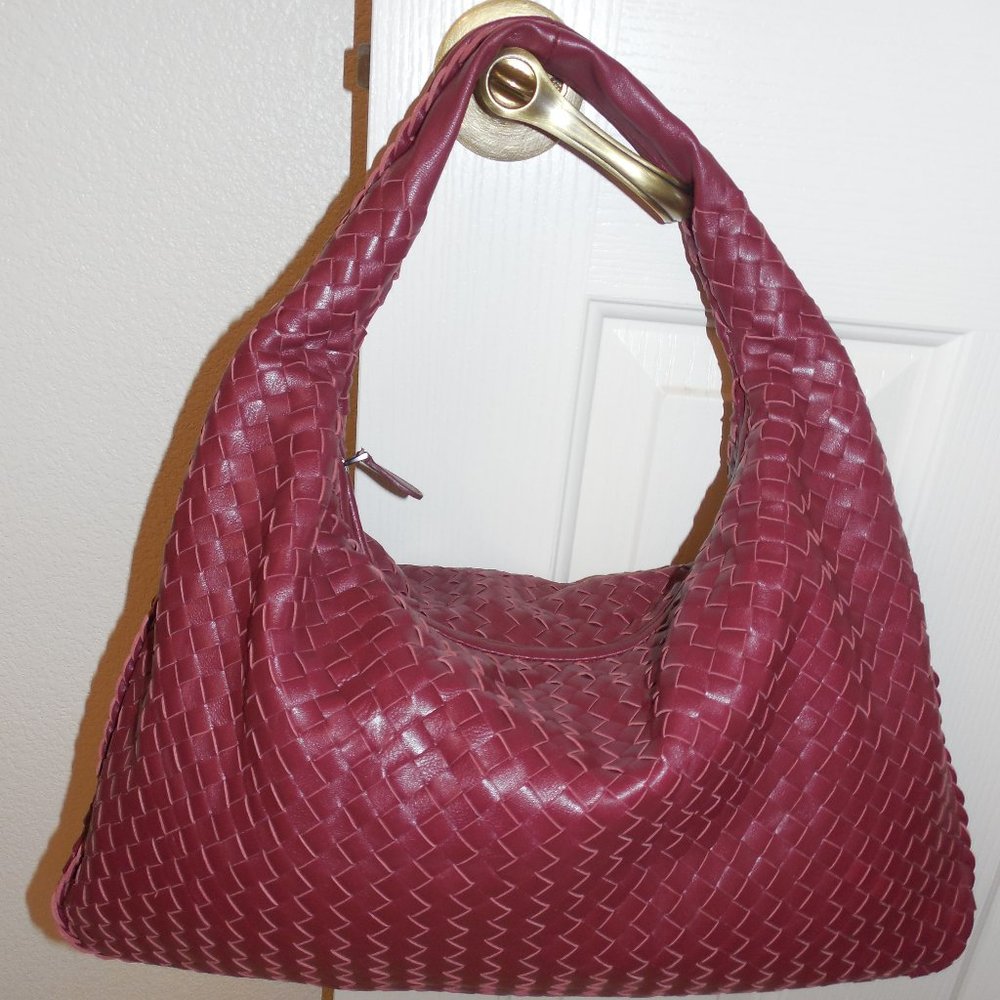Hand Woven hobo bag, burgundy wine, lambskin leather shoulder bag-large capacity